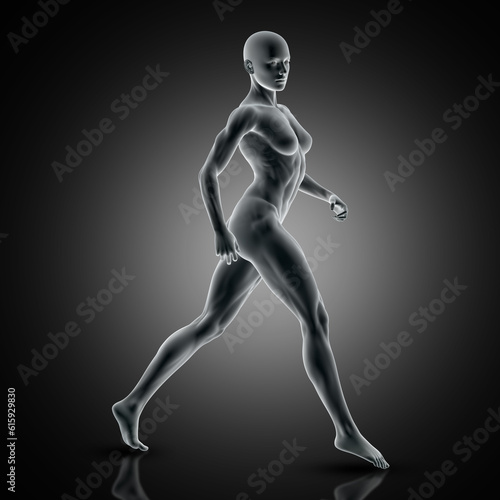 3D render of a muscular female in walking pose