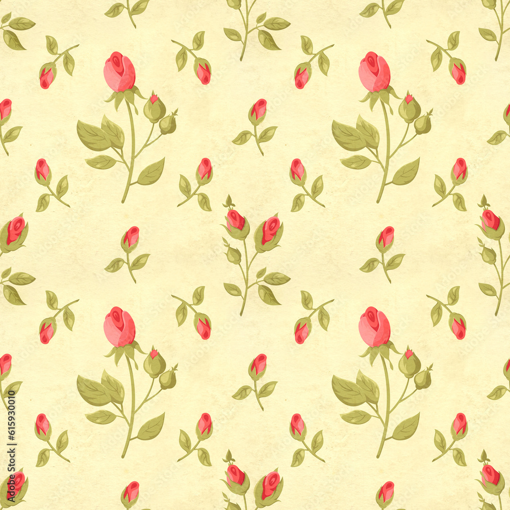 Seamless retro pattern (tiling) with rose flower in shabby chic style and old paper texture. Endless texture can be used for pattern fills, web page background, fabric design, scrapbooking paper Seamless retro pattern (tiling) with rose flower in shabby chic style and old paper texture. Endless texture can be used for pattern fills, web page background, fabric design, scrapbooking paper