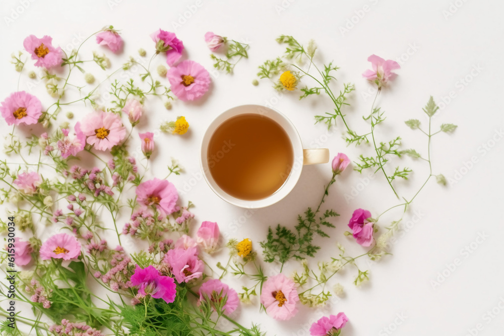 Floral banner and cup of tasty tea. AI generative Floral banner and cup of tasty tea. AI generative