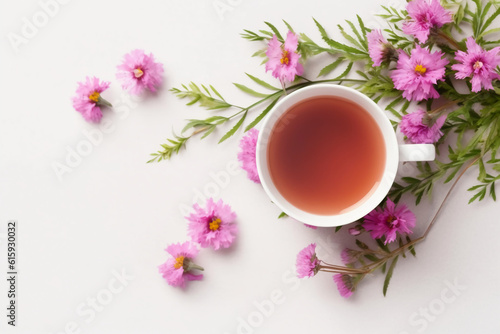 Floral banner and cup of tasty tea. AI generative