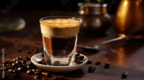 A delicious espresso in a glass cup with a beautiful crema on a wooden table. Generative AI