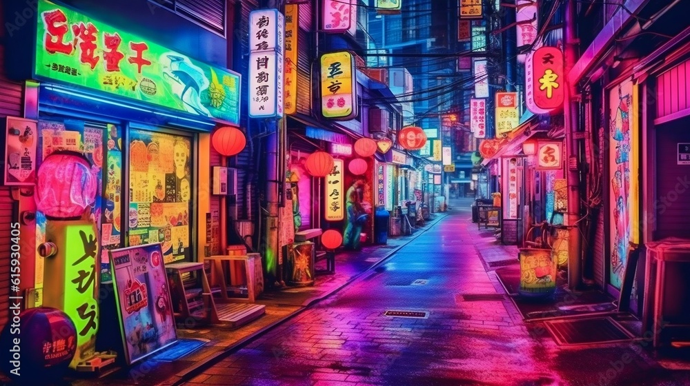 Busy alleyway of Tokyo, neon lights. Generative AI