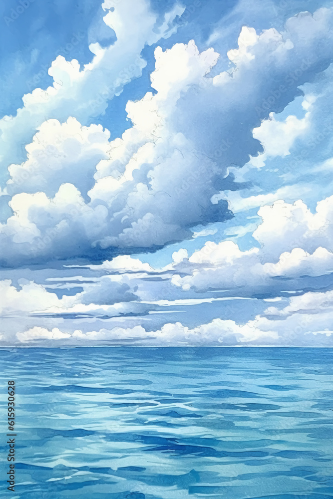 Blue sea, light blue sky and white clouds, Watercolor painting. AI generative