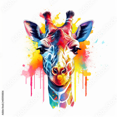 Illustration, AI generation. colorful rainbow realistic giraffe head on a white background.