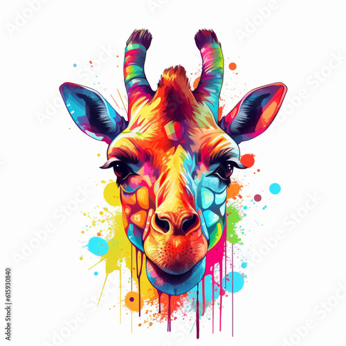 Illustration, AI generation. colorful rainbow realistic giraffe head on a white background.