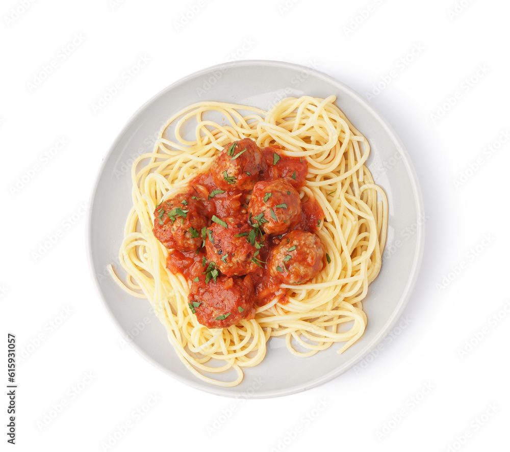 Plate of boiled pasta with tomato sauce and meat balls on white background Plate of boiled pasta with tomato sauce and meat balls on white background
