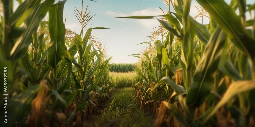 AI Generated. AI Generative. Green farm harvest corn field. Outdoor nature wild plant growing. Graphic Art