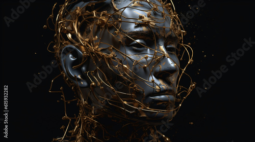 A man s face is covered in gold wire Generative Ai