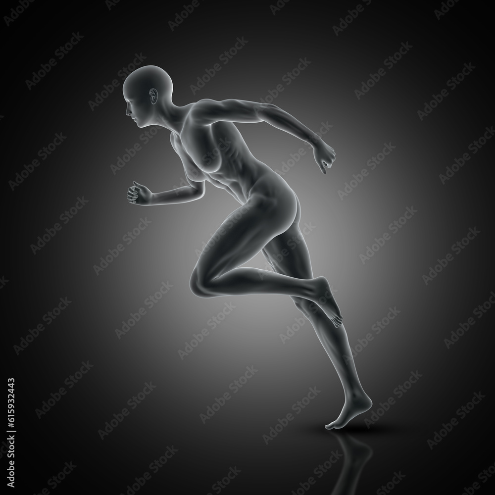 3D render of a muscular female in running pose