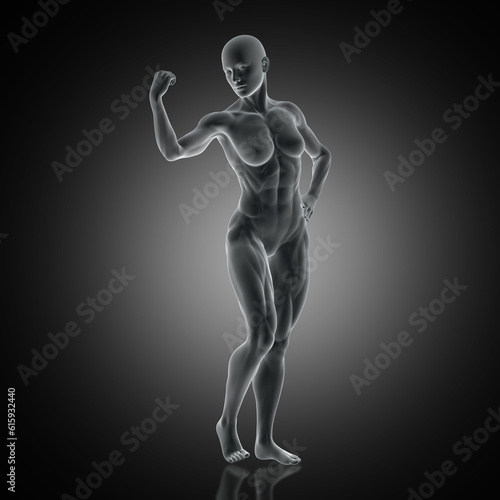 3D render of a muscular female flexing arm muscle