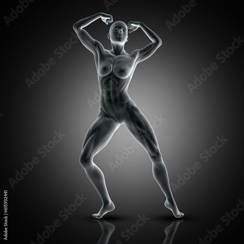 3D render of a muscular female in muscle pose