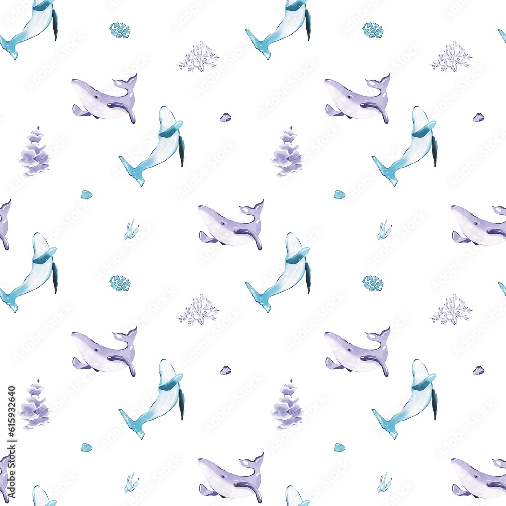 Sea whales pattern. White background watercolors. For decorating textiles, postcards, boxes, clothes, dresses, bed linen, tablecloths, any of your businesses.