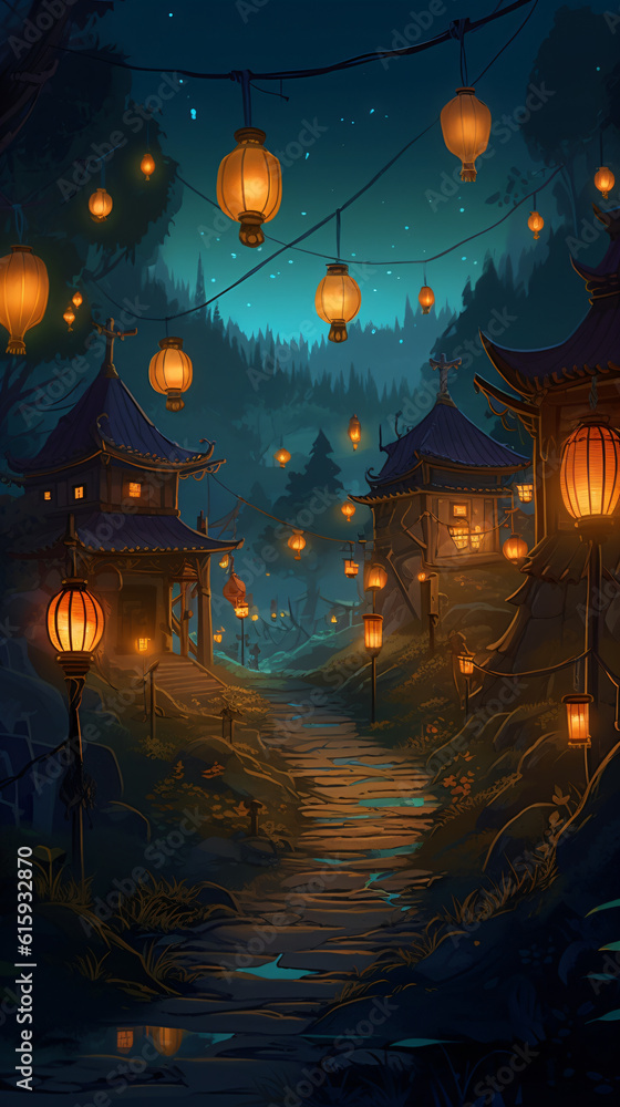 A path with lanterns hanging from it Generative Ai