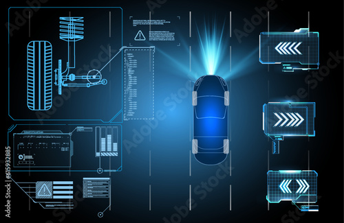 Driving suspension work control system without driver assistance. Safe driving. Vector Futuristic car user interface HUD UI Hologram of the car, scanning. Abstract virtual graphic touch user interface photo