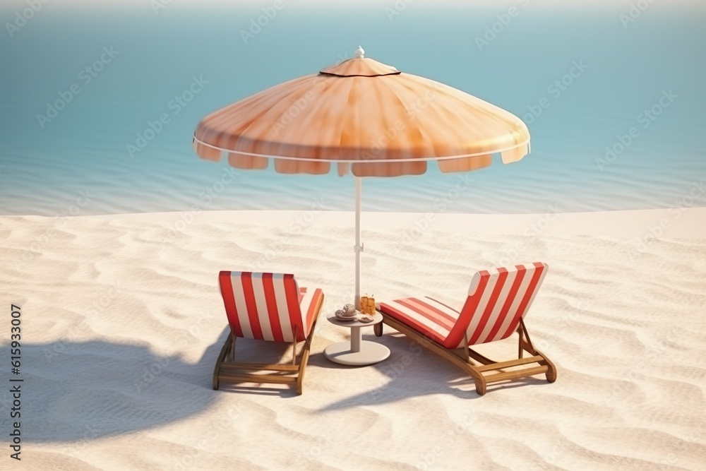 Beach umbrella with chairs inflatable ring on beach