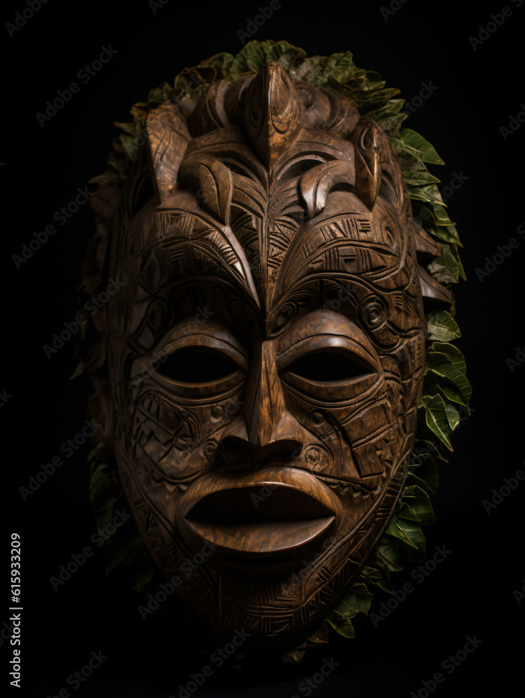 An african wooden mask with leaves around it Generative Ai