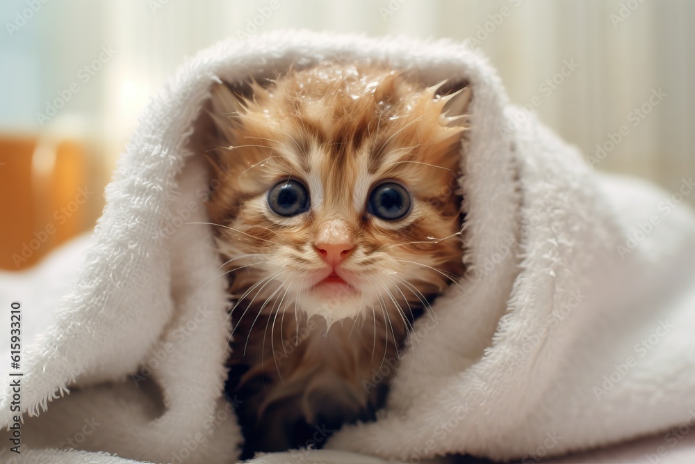 Red kitten is dried after washing in the bath, a clean pet. Wipe with a white towel. Hygiene and grooming for pets, Cute, wet disgruntled orange cat. Animal care Red kitten is dried after washing in the bath, a clean pet. Wipe with a white towel. Hygiene and grooming for pets, Cute, wet disgruntled orange cat. Animal care