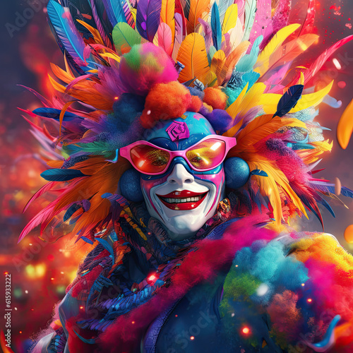 a clown with feathers on his head and colorful paint all around him, as he's in the circus