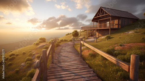 A wooden path leading to a house on a hill Generative Ai