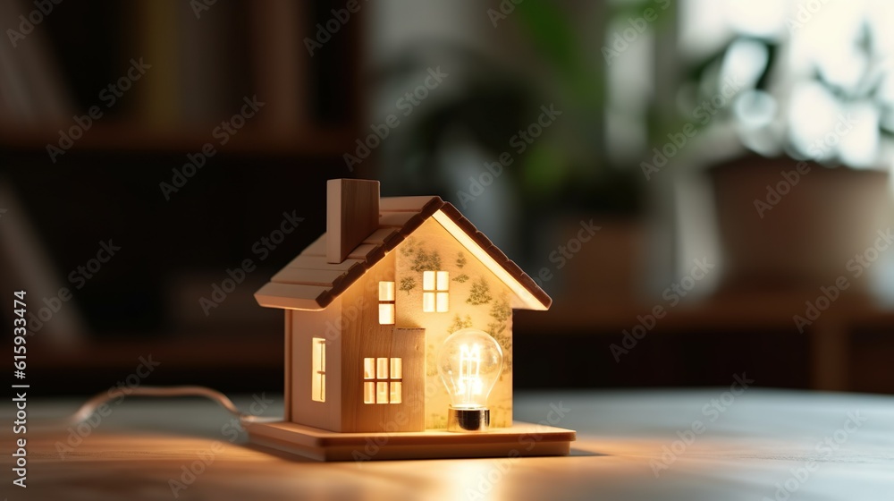 Light bulb with wood house on the table a symbol Light bulb with wood house on the table a symbol