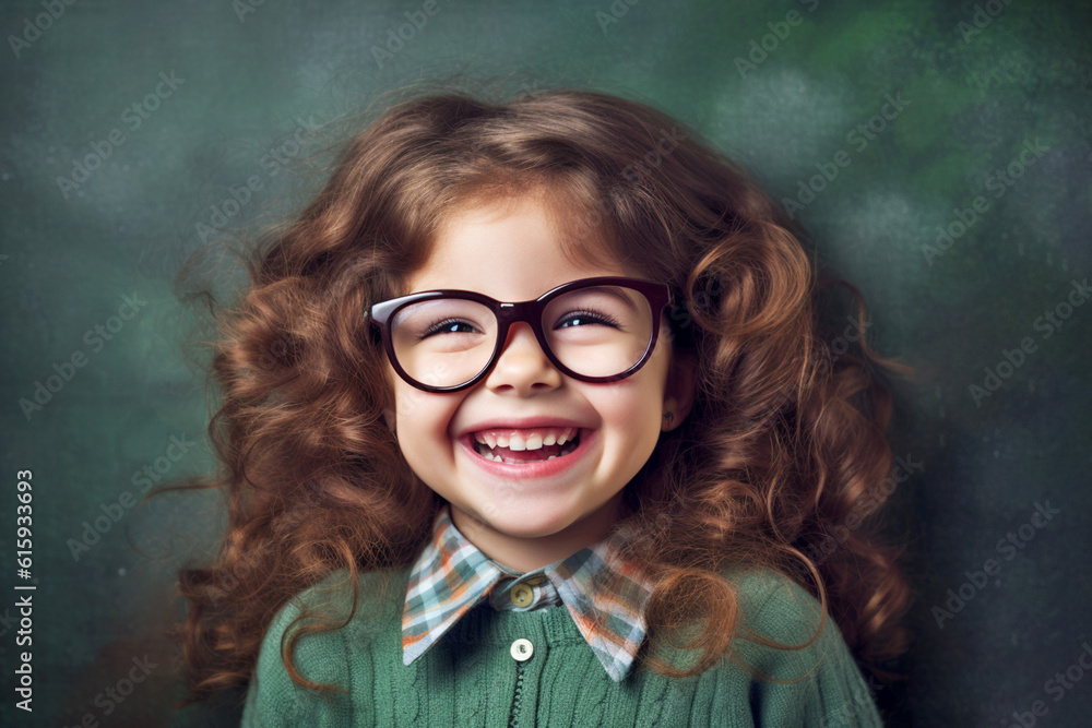 Happy school girl in glasses is smiling on the chalkboard background. AI generated Happy school girl in glasses is smiling on the chalkboard background. AI generated