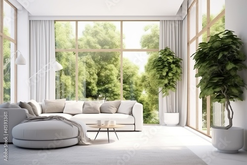 Modern white interior with beautiful backyard view