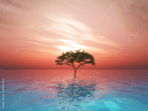 3D render of a landscape with tree in ocean against a sunset sky