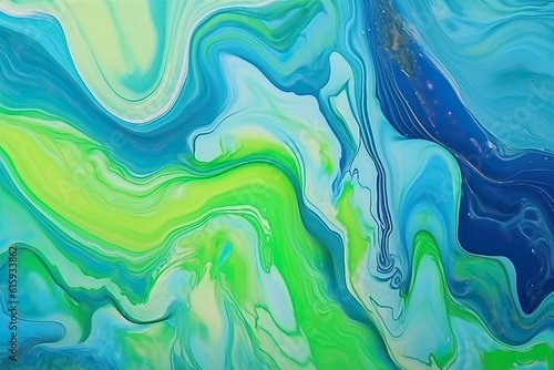 Abstract fluid acrylic painting. Modern art. Marbled green and blue abstract bright background. Liquid marble pattern. Fluid art texture