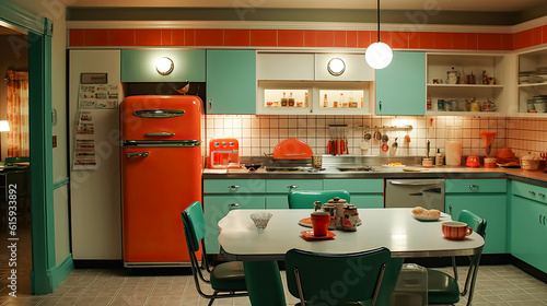 Reconstruction of the interior of the kitchen in the style of the 60s. AI generated