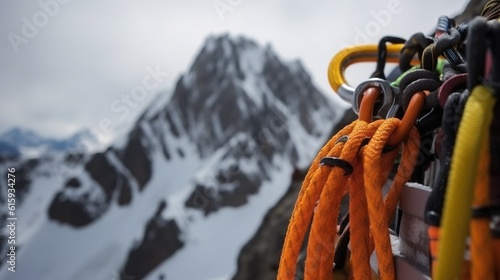 Climbing equipment for outdoor activities on snow-capped mountains peaks background. AI generated.