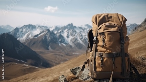 Tourist backpack, mountain peaks background, outdoor activities, active leisure. AI generated.