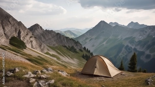 Tourist tent, camping on plateau, mountains peaks background, outdoor activities. AI generated.