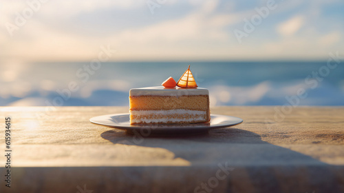 Slice of birthday cake with a candle on a table at the beach. Beach birthday cake slice with sprinkles and icing
