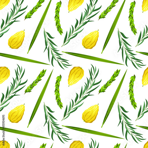 Seamless pattern jewish holiday Sukkot. Feast of Tabernacles or Festival of Ingathering. Judaic religious symbols: etrog (citron), lulav (palm branch), hadas (myrtle), arava (willow). Repeating design
