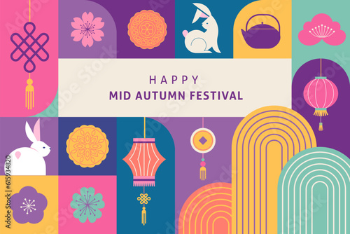 Korean Mid Autumn Festival - Chuseok. Mooncakes, bunnies rainbows and flowers, flat geometric style background and poster