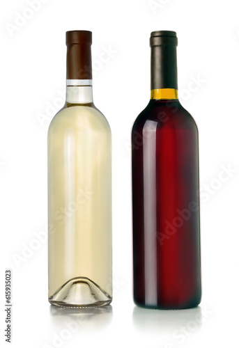 two bottles of red and white wine on a white background