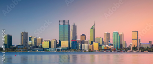 Panoramic cityscape image of Perth skyline, Australia during sunset.