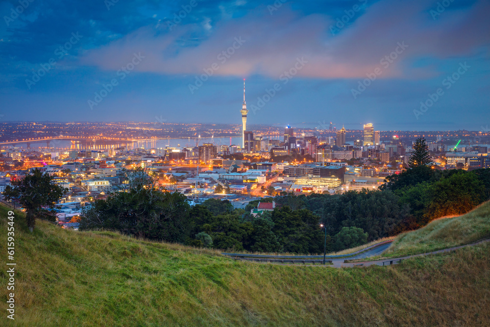 Cityscape image of Auckland skyline, New Zealand taken from Mt. Eden at dawn.