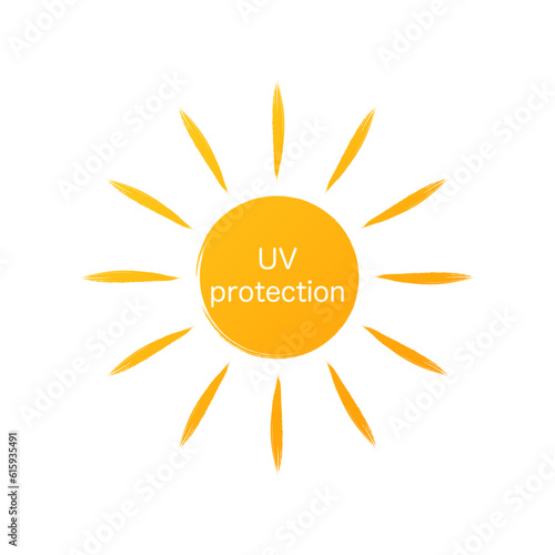 Yellow uv protection logo on white.Concept of simple badge for body care or treatment or decoration symbol for cosmetic oil or cream. Vector illustration.