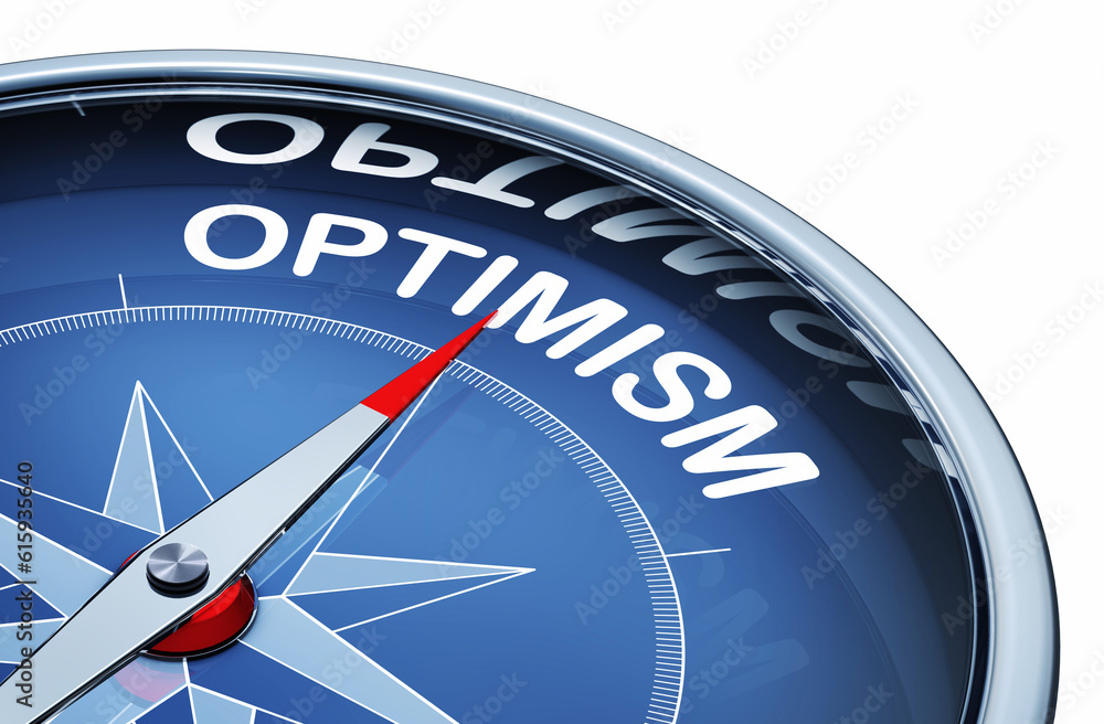3D rendering of an compass with the word optimism - obrazy, fototapety, plakaty 