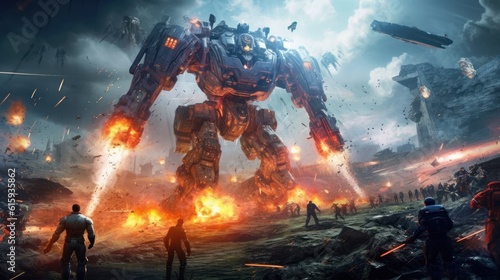 Epic clash between colossal mechs in a war - torn landscape, with explosions and laser beams lighting up the scene