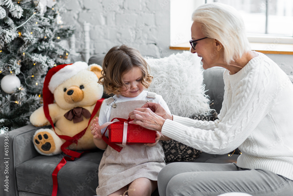 Modern looking attractive senior grandmother, mature woman giving holiday present to grandchild, cute little girl. Christmas New year tree on background, cozy festive home atmosphere, living room Modern looking attractive senior grandmother, mature woman giving holiday present to grandchild, cute little girl. Christmas New year tree on background, cozy festive home atmosphere, living room
