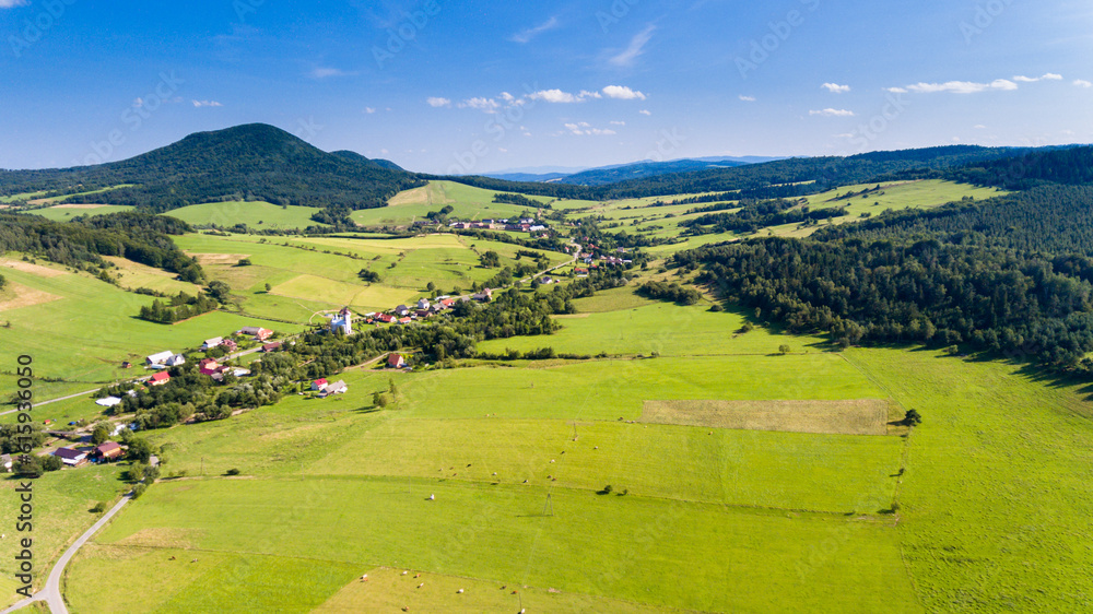Road, forest, village and mountain summer landscape from above - drone view