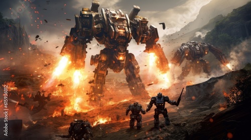 Epic clash between colossal mechs in a war - torn landscape  with explosions and laser beams lighting up the scene