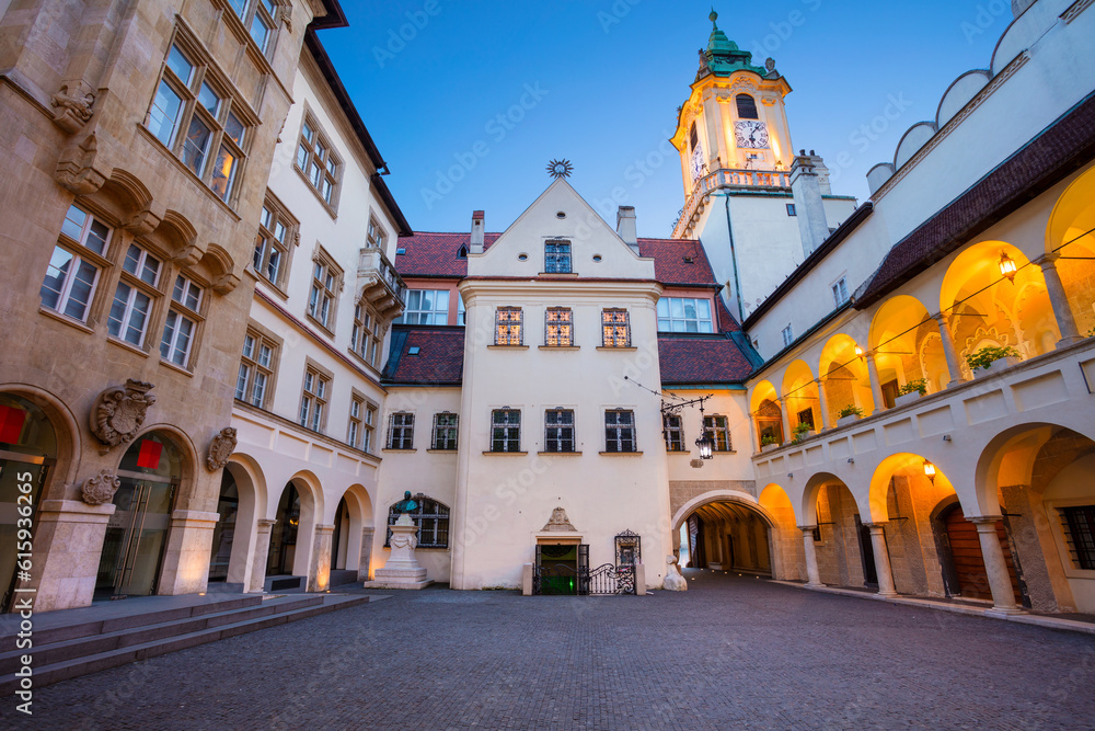 Image of Town Hall Buildings and Clock Tower of Main City Square in Old Town Bratislava, Slovakia.
