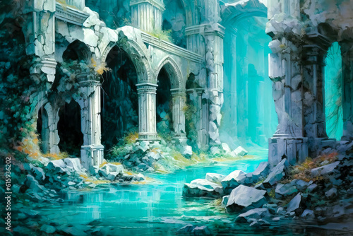 Fantasy ruins, white columns and arches, water, coastal, aquatic, Atlantis, setting, landscape.