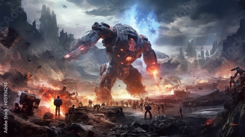 Epic clash between colossal mechs in a war - torn landscape, with explosions and laser beams lighting up the scene