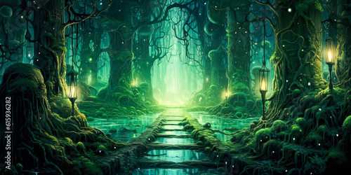 Fantasy landscape, forest of trees with green glow, lanterns, fireflies, magical, wide.