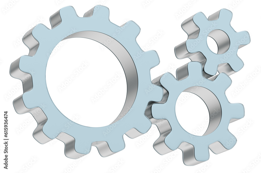 Three 3d gears made of metal and glass. The concept of teamwork. 3d illustration, isolated on white background
