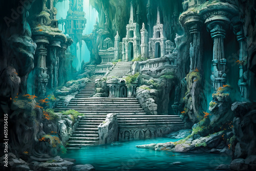 Fantasy ruins, stone steps, coastal, aquatic, Atlantis, setting, landscape.